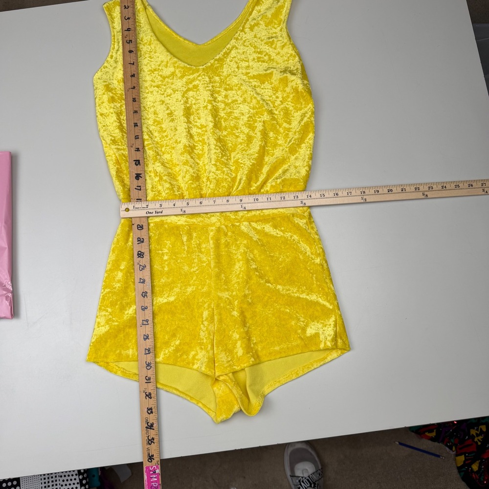 Vintage Yellow Crushed Velvet Romper Sleeveless V-Neck Retro Dopamine Kidcore S - Picture 4 of 9